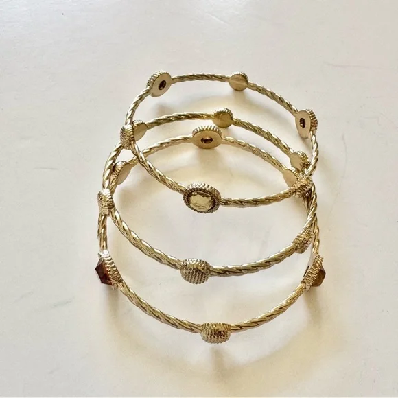 Gold Plated Bangle Bracelet Set with Gem Accents - Picture 2 of 5